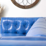 Close-up of the buttoned Belmont Classic Blue leather sofa by Classic Leather 