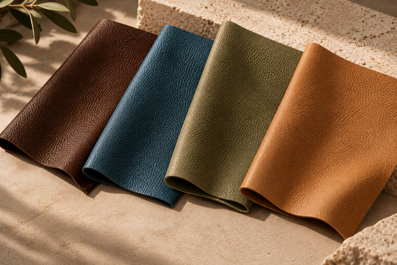 Four Rangers leather samples in brown, blue, olive green and tan, arranged side by side to showcase the collection’s colours and texture.
