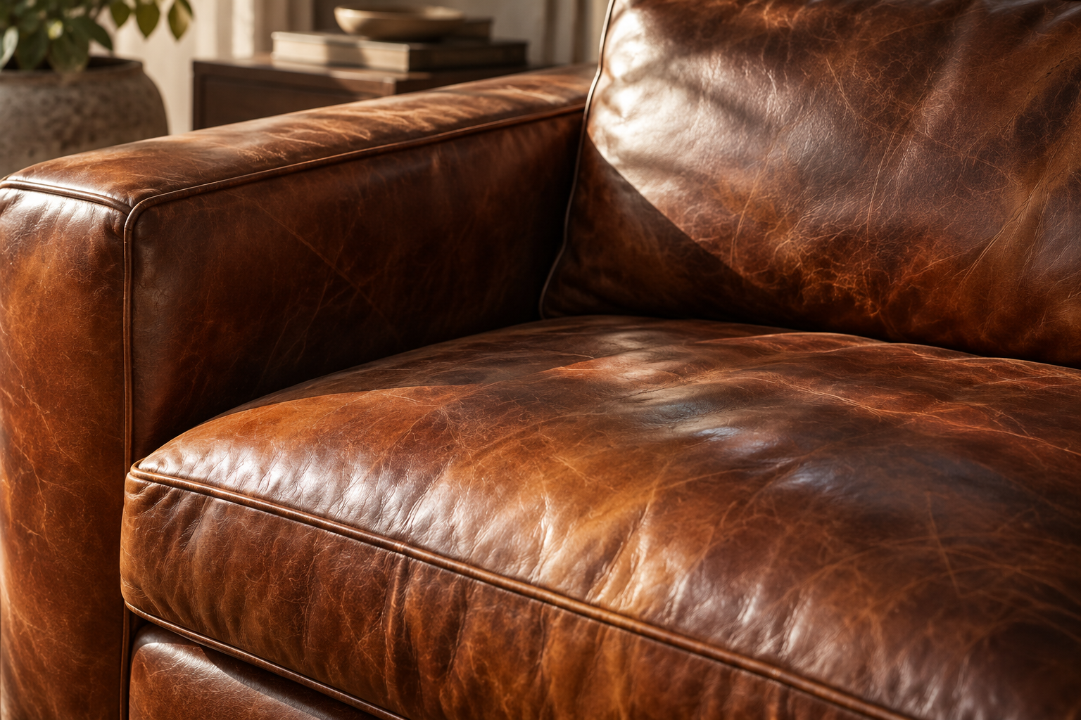 Close-up of a brown leather sofa showing its rich, natural patina, creases and variations in colour developed through use and ageing.