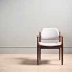 Restored Arne Vodder Model 62A teak armchair with white leather seat and back, front view