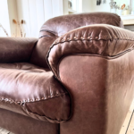 Restored De Sede armchair in Crackedwax Espresso leather by Paper Sparrow Design