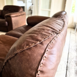 Restored De Sede sofa and armchair in Crackedwax Espresso leather by Paper Sparrow Design