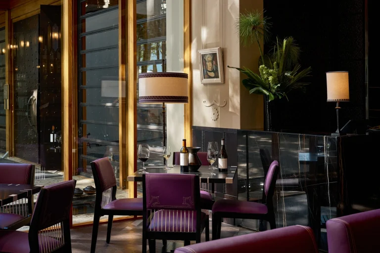 Shelly Wineberry leather dining chairs in the Wine Lounge at Delaire Graff Estate
