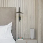 Taupe leather headboard and bedside table, Project Haasbroek